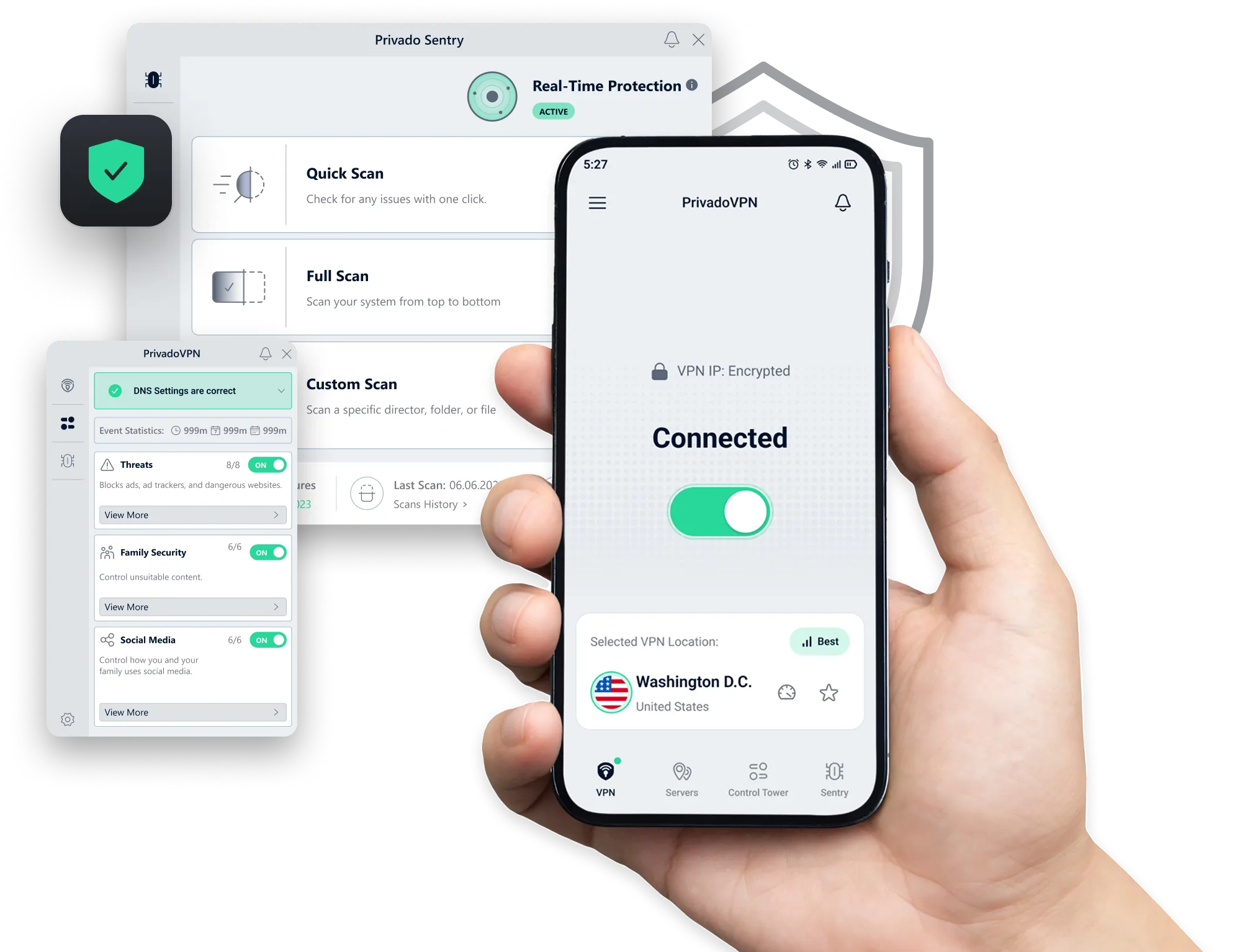 PrivadoVPN 应用界面展示安全连接状态